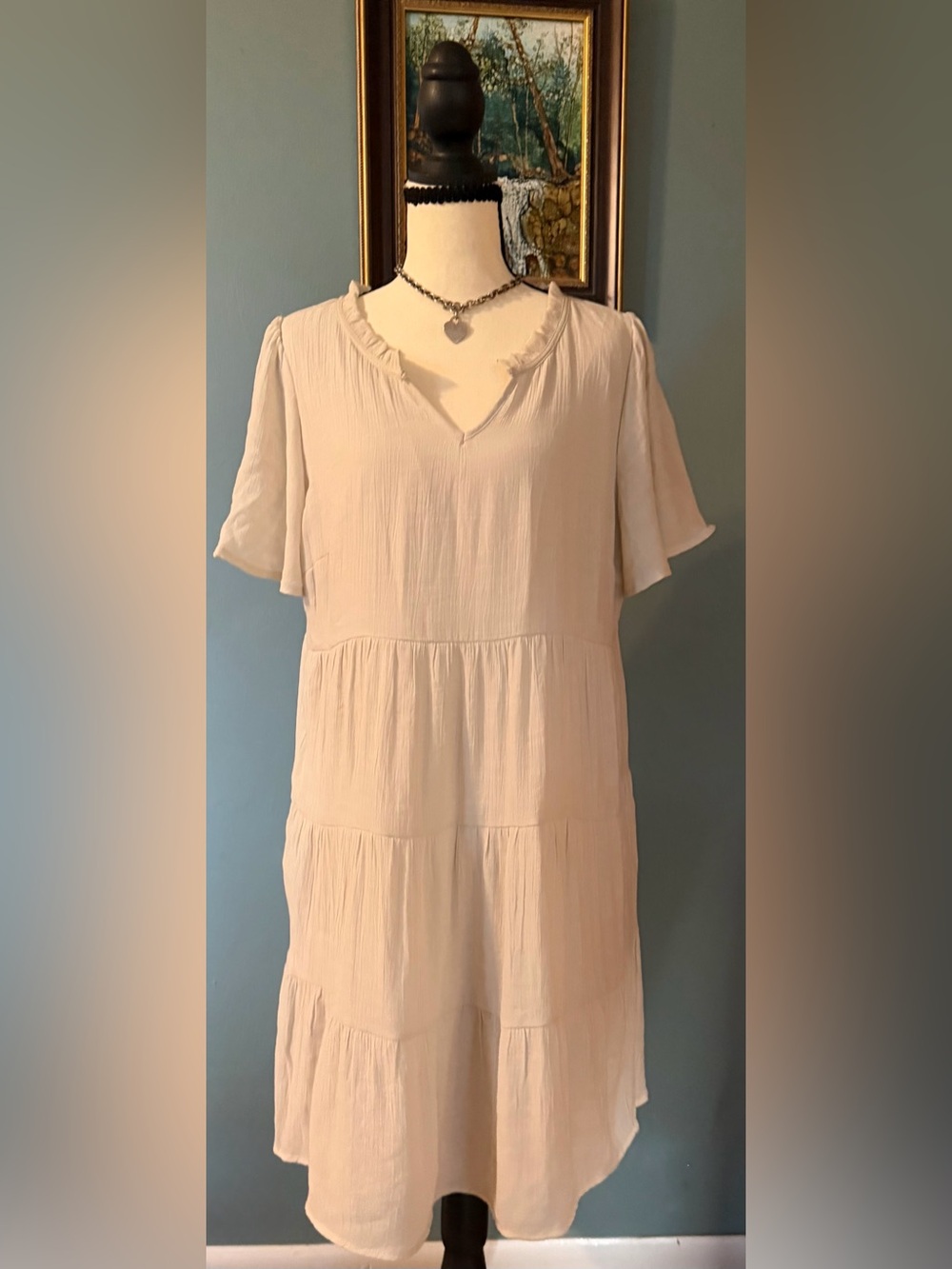 Naïf Cream Crinkle Gauze Tiered Ruffle V-Neck Mini Dress Cottagecore Large